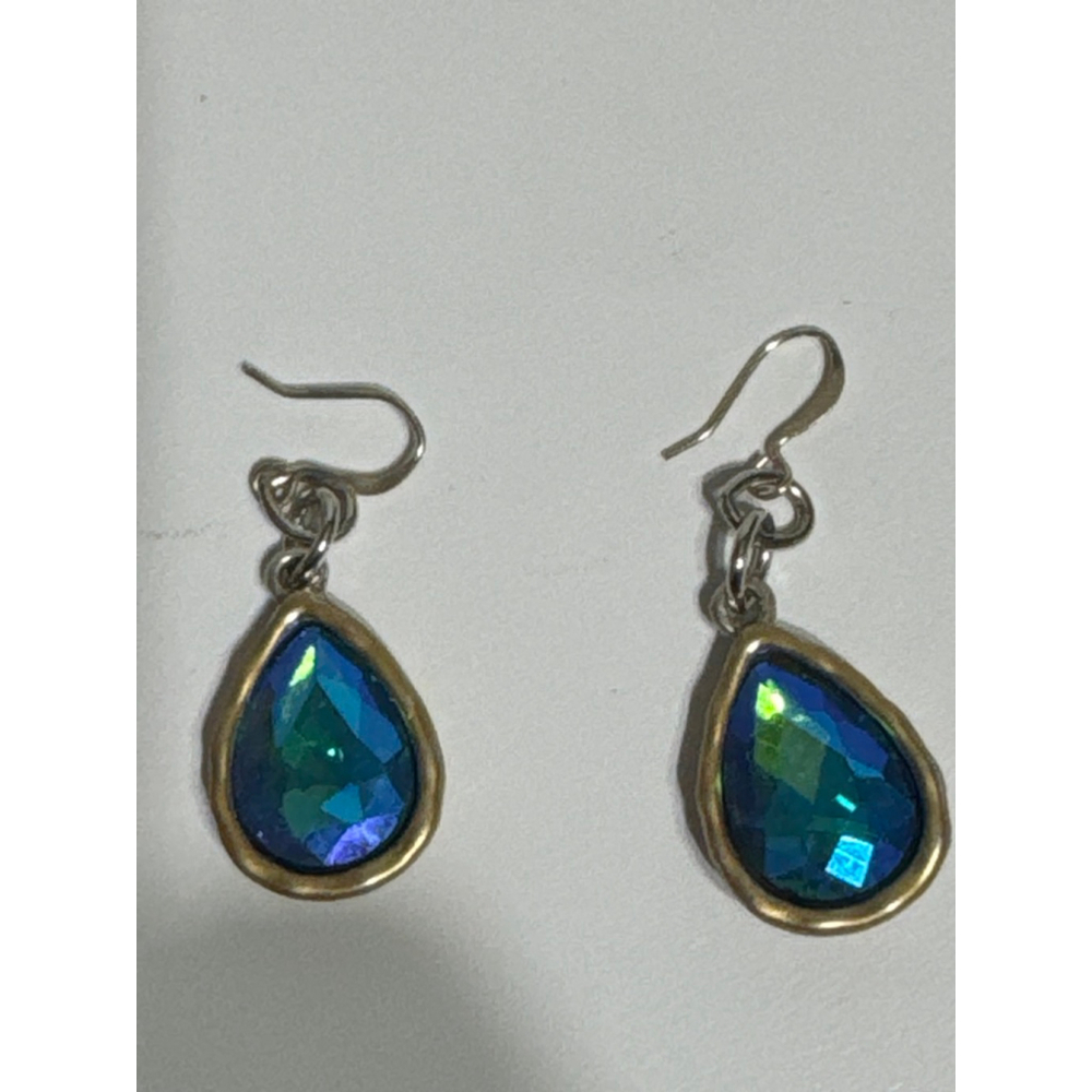 Silver Chain Necklace & Earring Set with Blue Iridescent Teardrop Crystals Boho - Picture 4 of 5